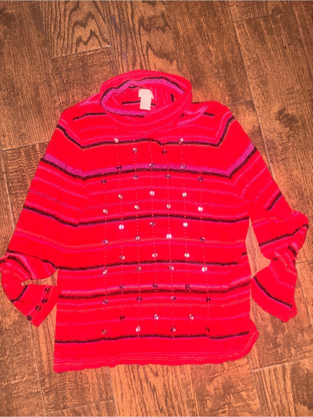 Sigrid Olsen Red Striped Sequin Turtleneck Sweater